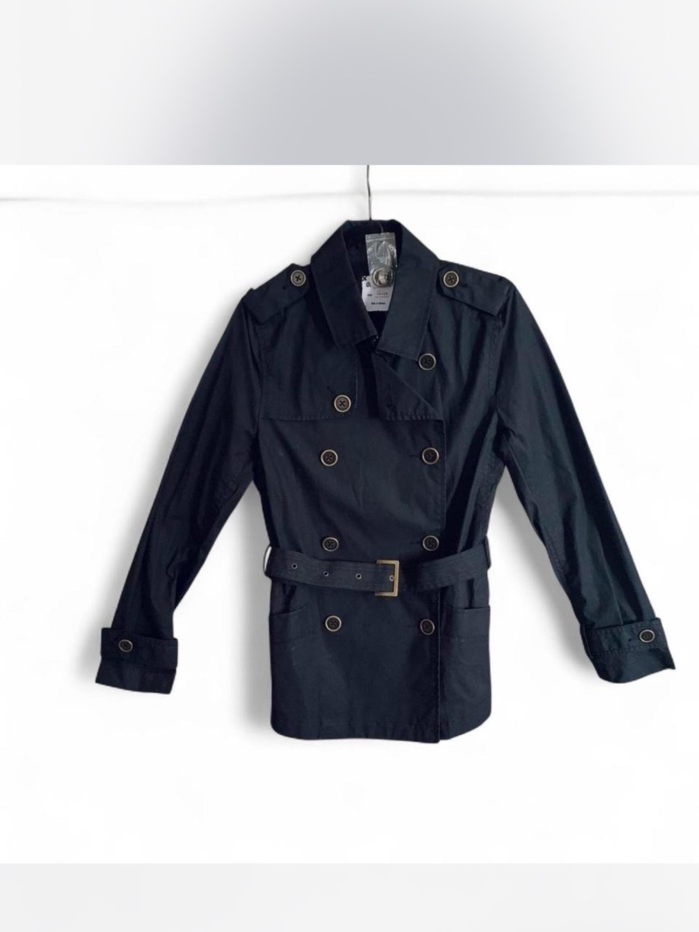 Street Style Old Navy Black Double-Breasted short length Trench Coat with Belt L